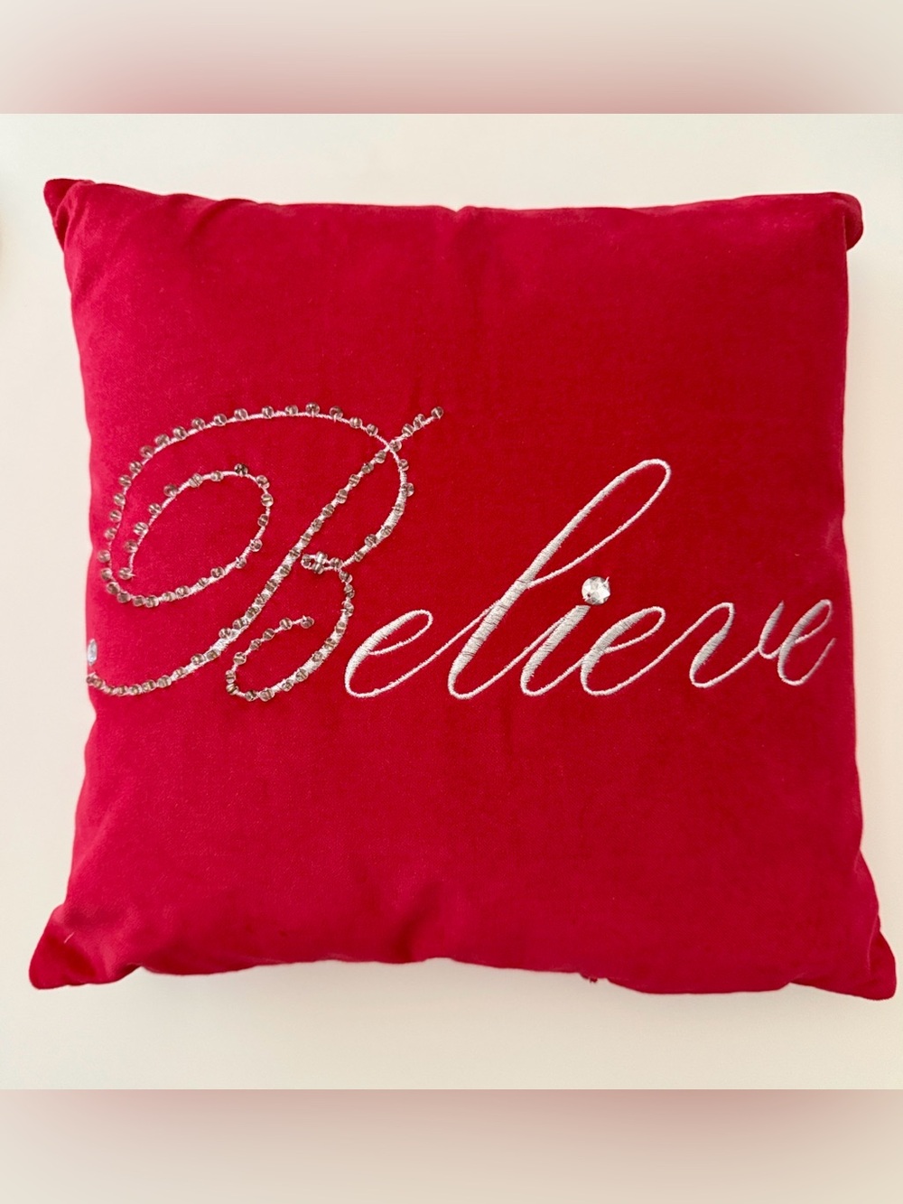 14x14 Red Bling Cursive Embroidered Believe Throw Decor Pillow